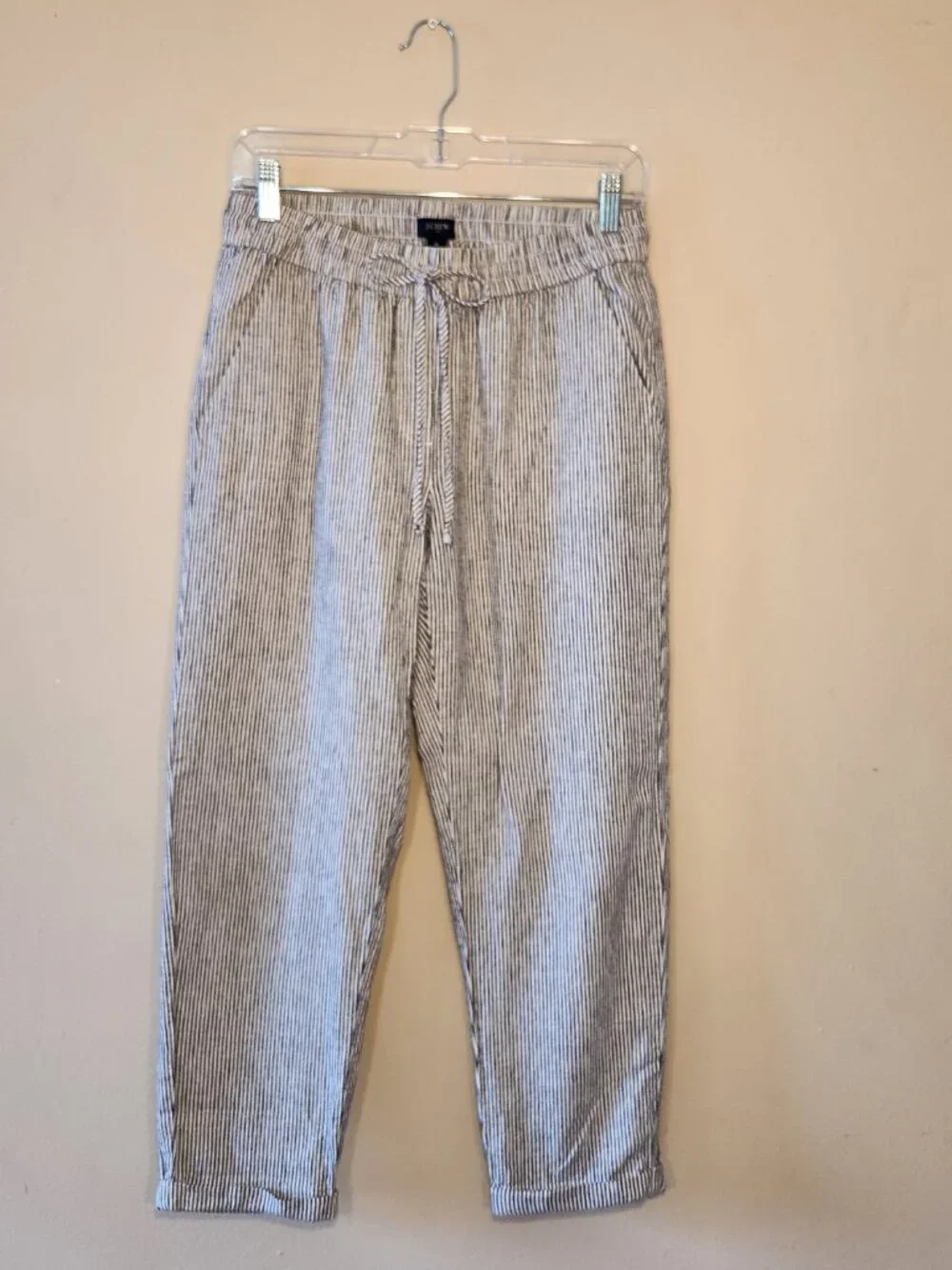 J Crew Striped Linen-cotton striped drawstring pants, blue/white, Size 6